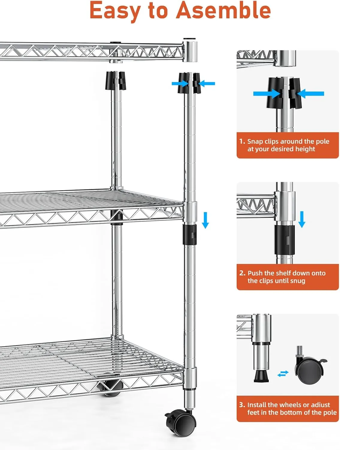 YSSOA 3-Tier Heavy Duty Storage Shelves 750Lb Capacity, 24.02" D x 13.78" W x 29.92" H Adjustable Shelving Unit with Wheels, Chrome