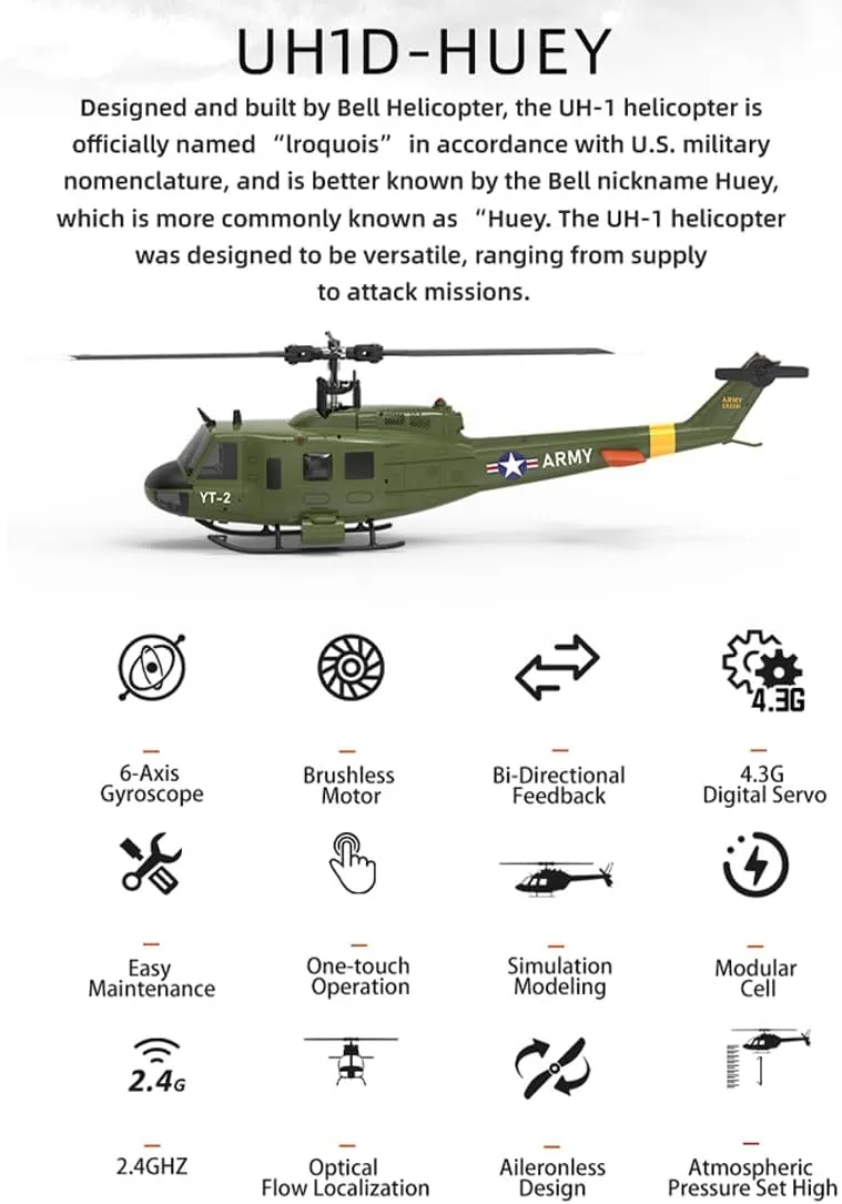 YU Xiang F07 UH-1 RC Helicopter for Adults, 1/34 Scale 2.4G 6CH Brushless Direct-Drive 6G Flybarless RC Helicopter Model with Optical Flow Positioning (3 Battery)