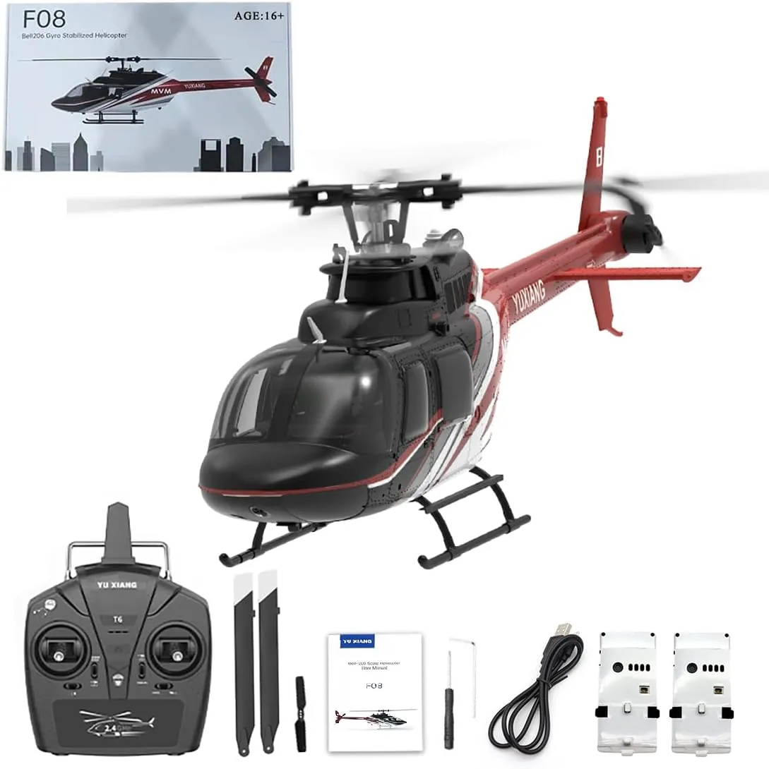 YU Xiang F08 1/27 Scale Bell 206 Rc Helicopter for Adults 2.4G 6CH Brushless Direct-Drive 6G Flybarless RC Helicopter Model with Optical Flow Positioning (RTF Version/2 Battery)