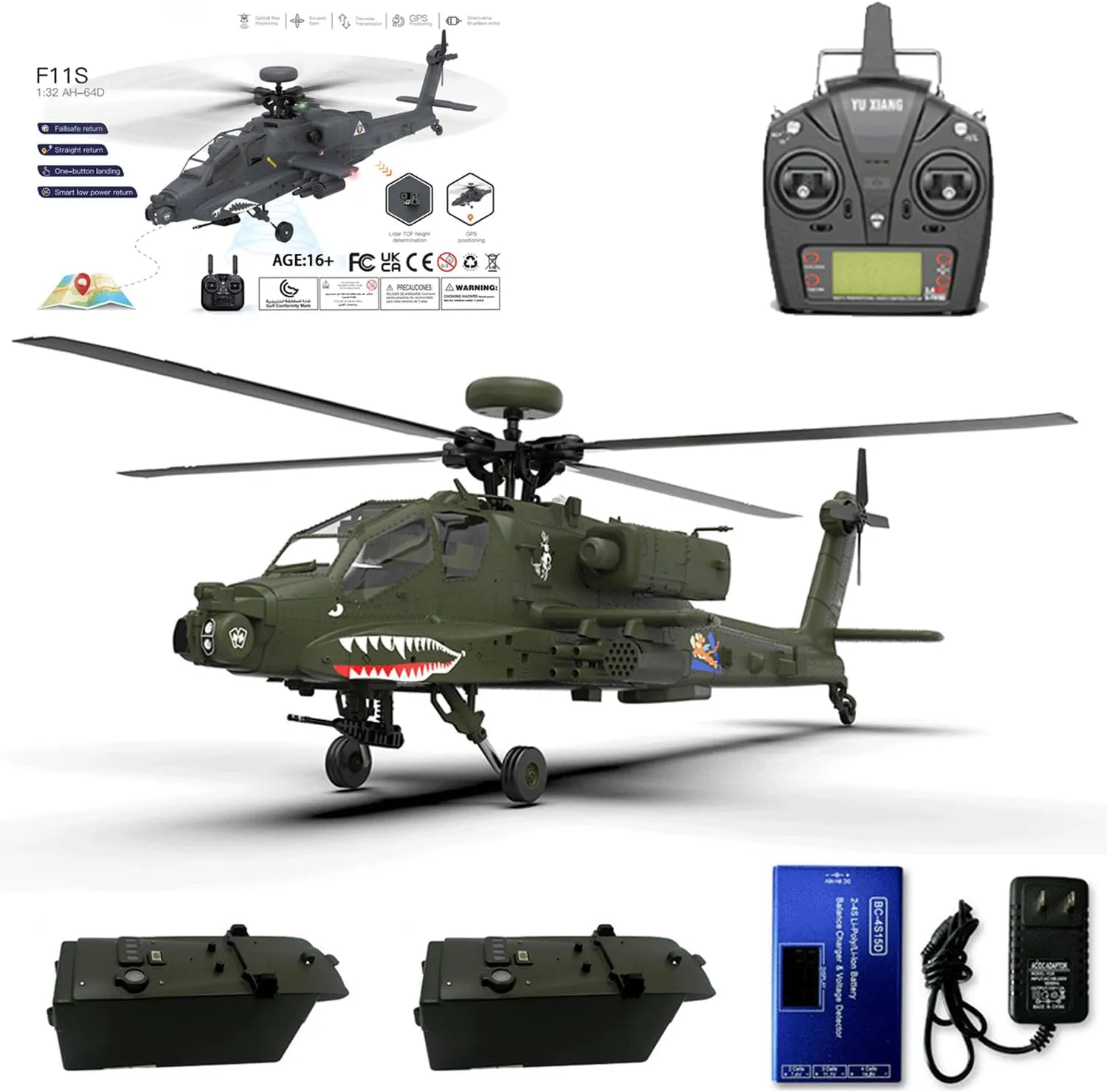 YU Xiang F11 AH64 RC Helicopter for Adults, 2.4G 6CH Apache Remote Control Helicopter, Dual-Axis Co-Drive Flybarless 6G/3D Stunt RC Airplane for Adults with Camera (RTF/2 Battery)