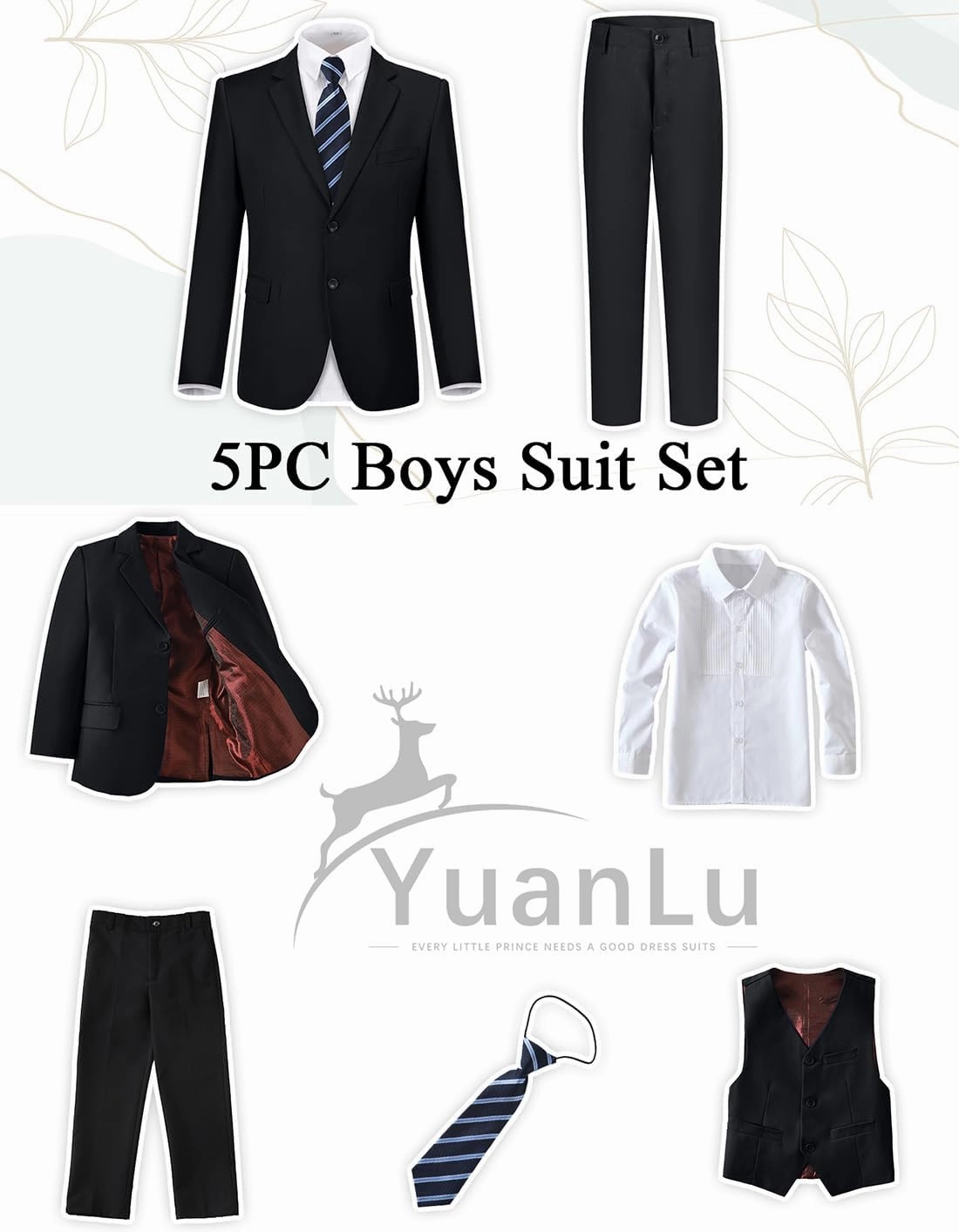 YuanLu Boys Suit for Kids Tuxedo Wedding Ring Bearer Outfit Boy Formal Suits 5 Piece Slim Fit Dresswear Suit Set