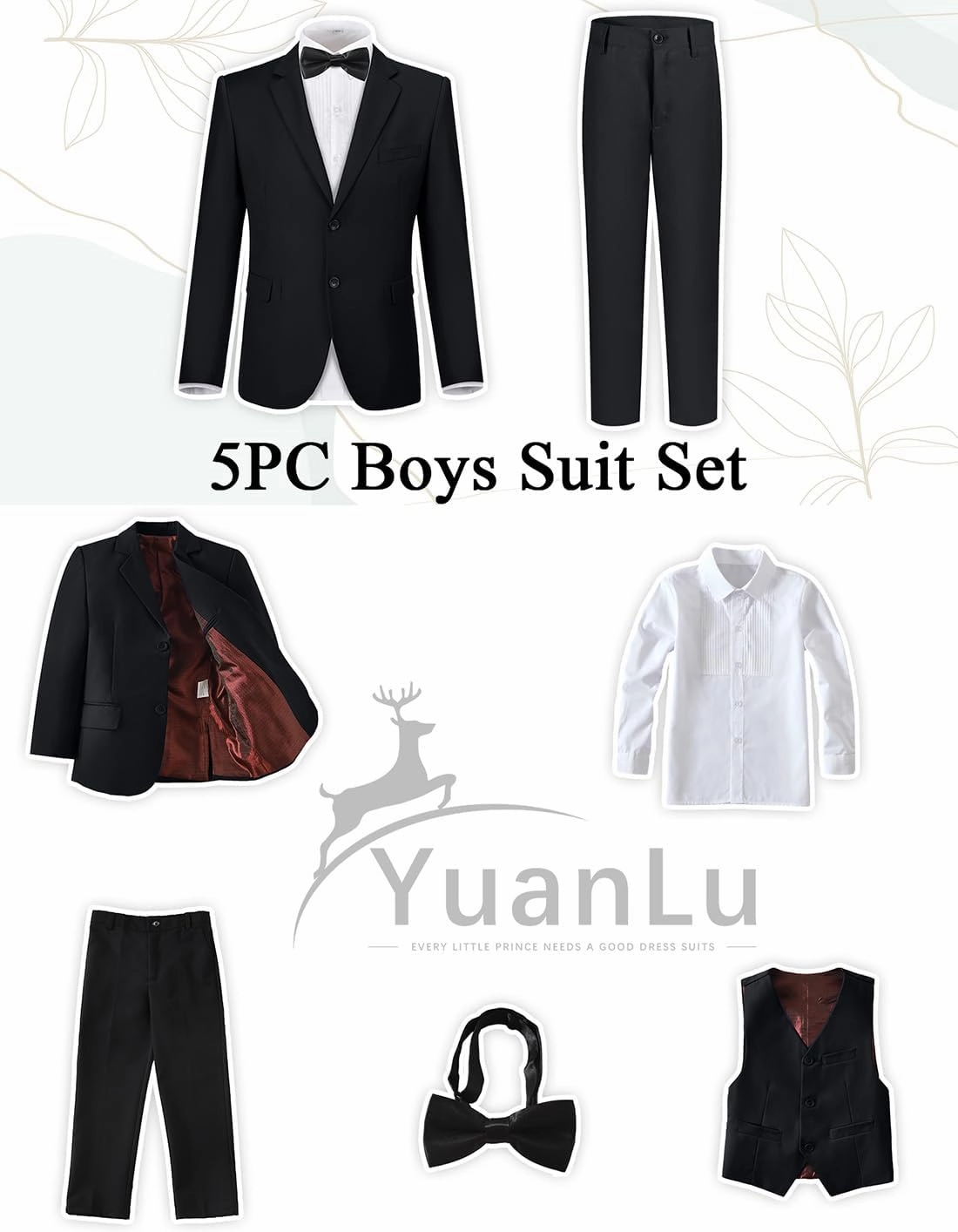 YuanLu Boys Suit for Kids Tuxedo Wedding Ring Bearer Outfit Boy Formal Suits 5 Piece Slim Fit Dresswear Suit Set