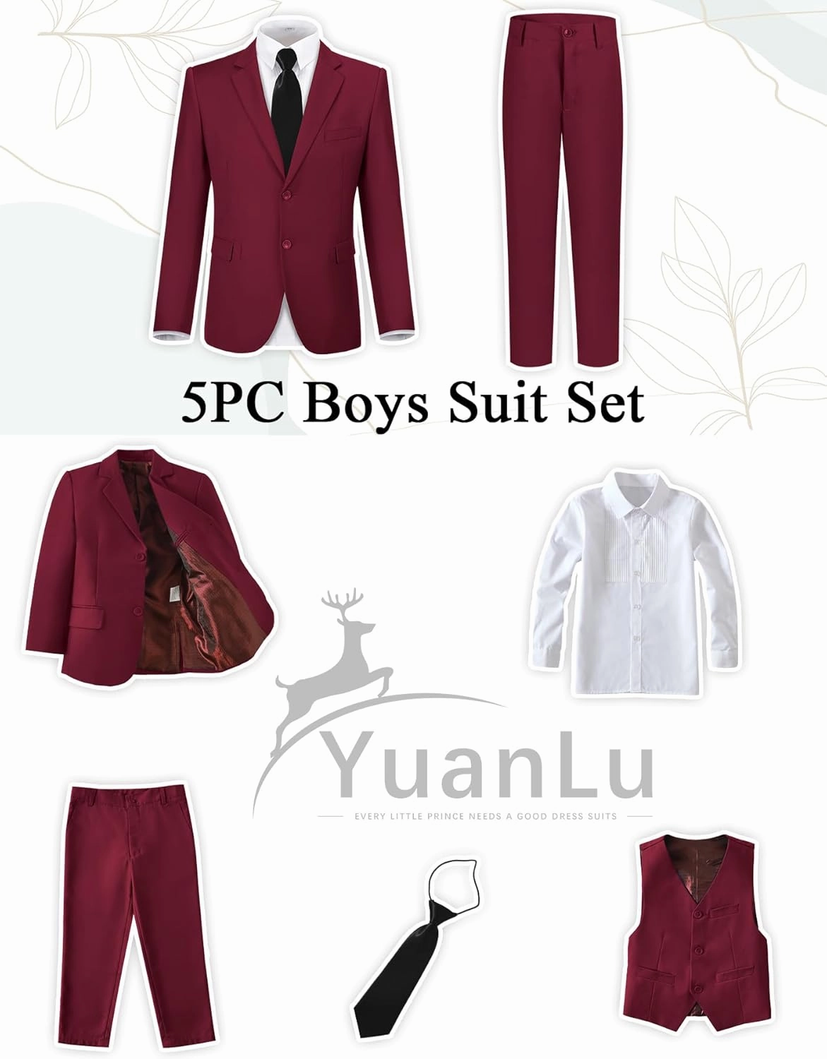 YuanLu Boys Suit for Kids Tuxedo Wedding Ring Bearer Outfit Boy Formal Suits 5 Piece Slim Fit Dresswear Suit Set