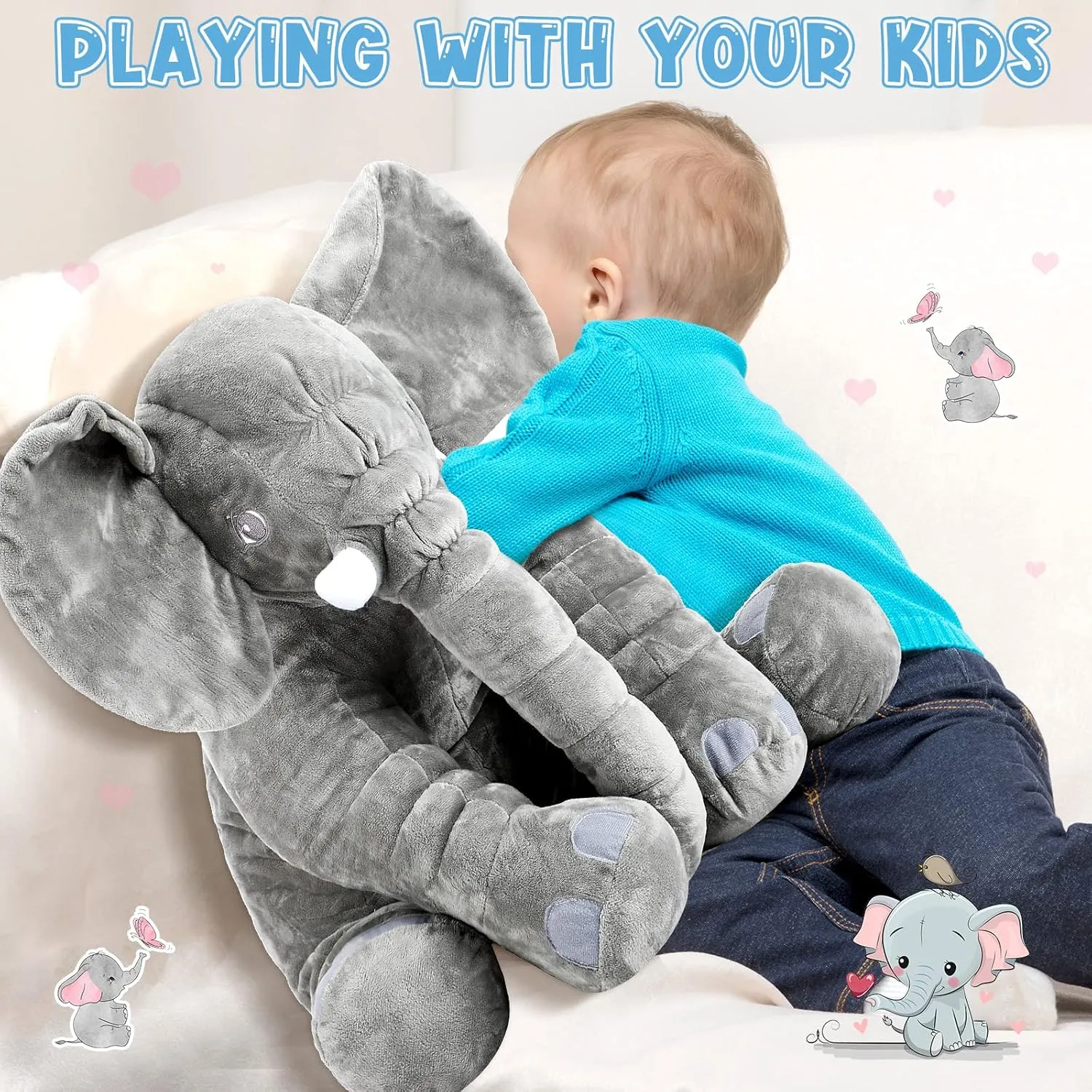 Yulejo Giant Stuffed Elephant Plush Animal Toy Large Soft Stuffed Animal Party Favor Huge Gray Elephant Plush Doll for Kids Girlfriend Home Decor(39.4inch)