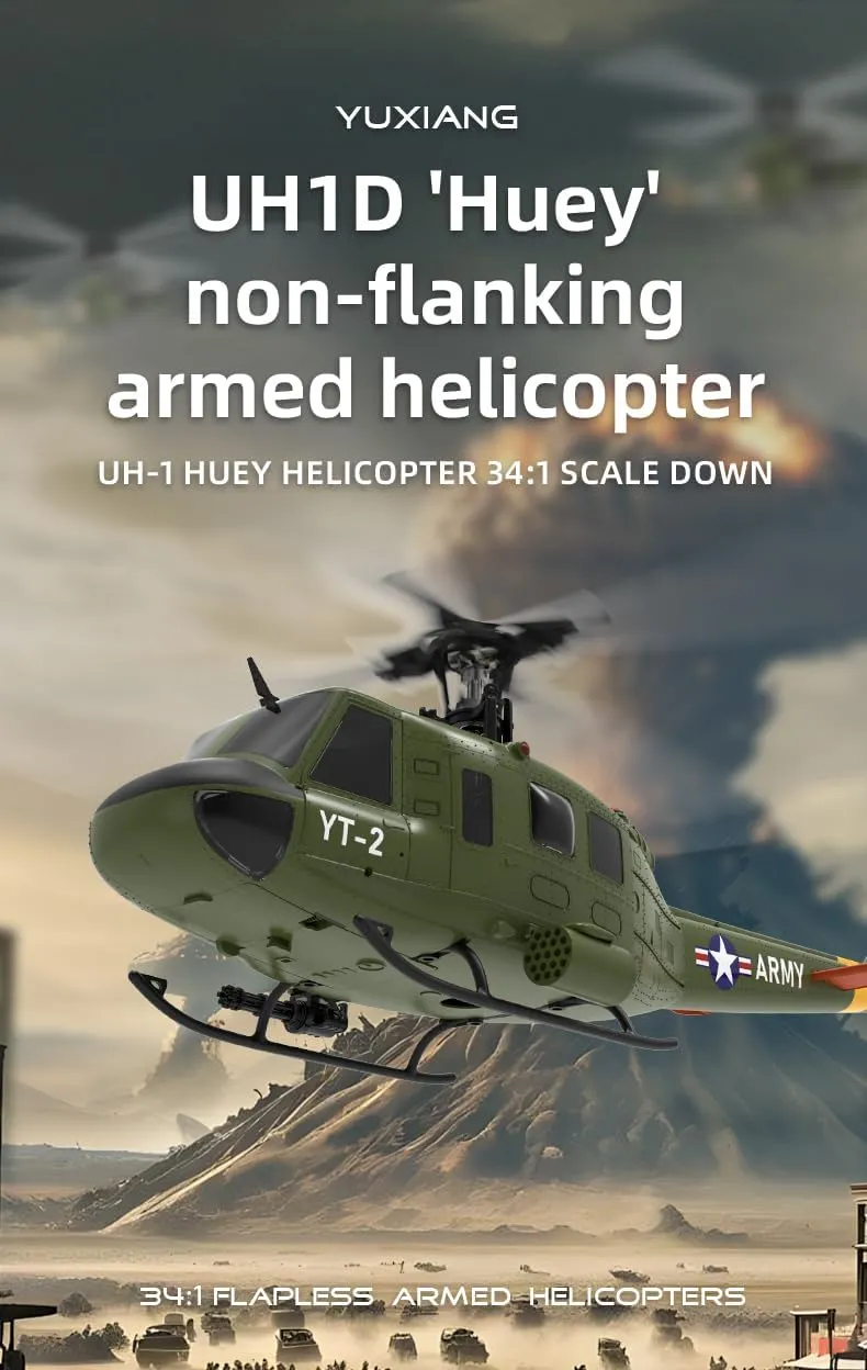 YUXIANG F07 UH-1 Huey RC Helicopter Model, 1/34 2.4G 6CH 6G/3D Brushless Direct-Drive Flybarless Military RC Aircraft for Adults Advanced Players, Optical Flow Positioning - RTF