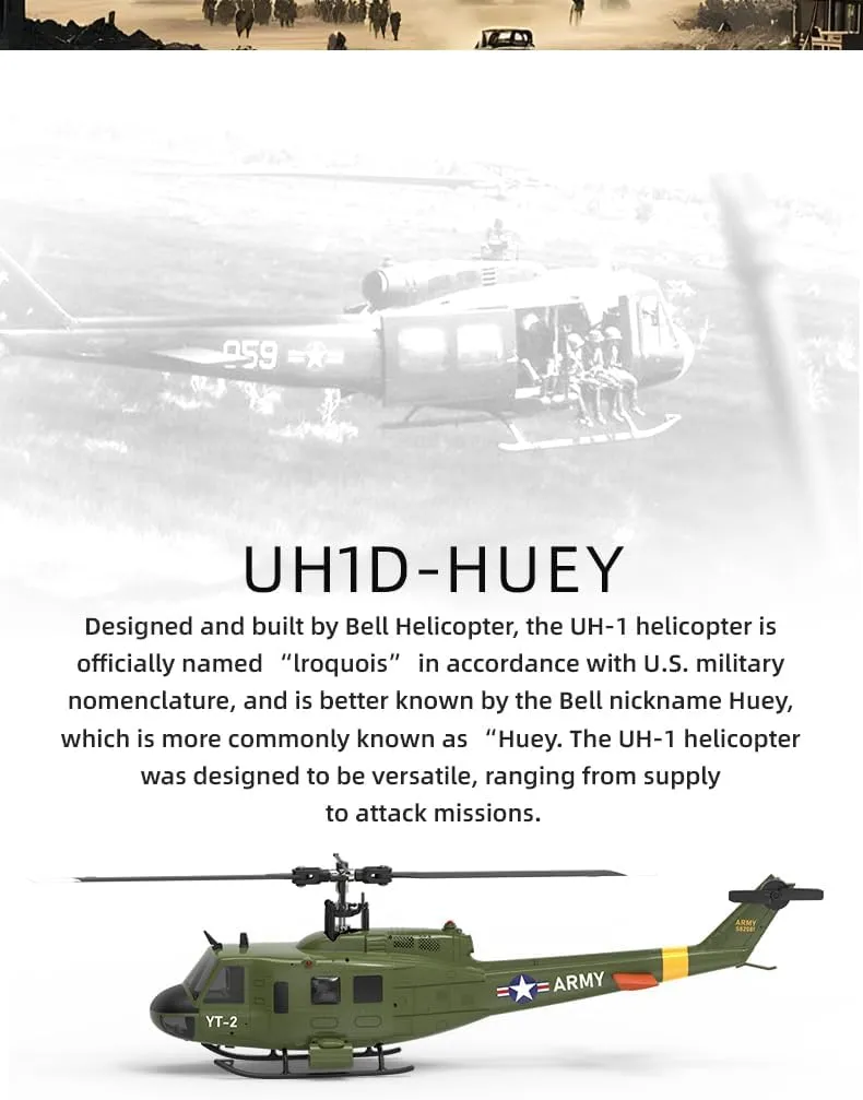 YUXIANG F07 UH-1 RC Helicopter for Huey, 1/34 Scale 6CH Brushless Direct-Drive 6G Flybarless Remote Control Helicopter, Optical Flow Positioning, RTF for Beginners & Enthusiasts