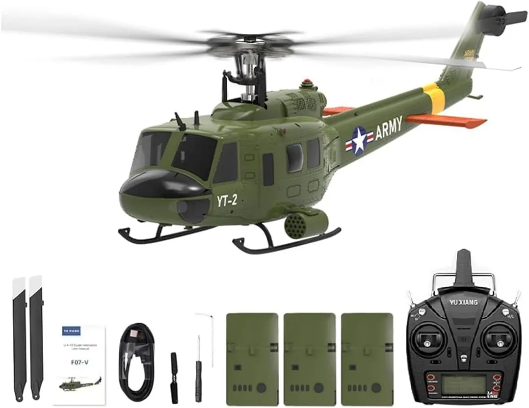 YUXIANG F07-V UH1D Huey RC Helicopter Toys for Adults, 1/34 Scale 2.4G 6CH 6G/3D Stabilized Aircraft High Simulation Military Helicopter NOT for Beginners - 3 Battery