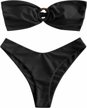 ZAFUL Women's Bandeau Bikini O Ring Strapless Tie Back High Cut Two Piece Swimsuit Bathing Suits