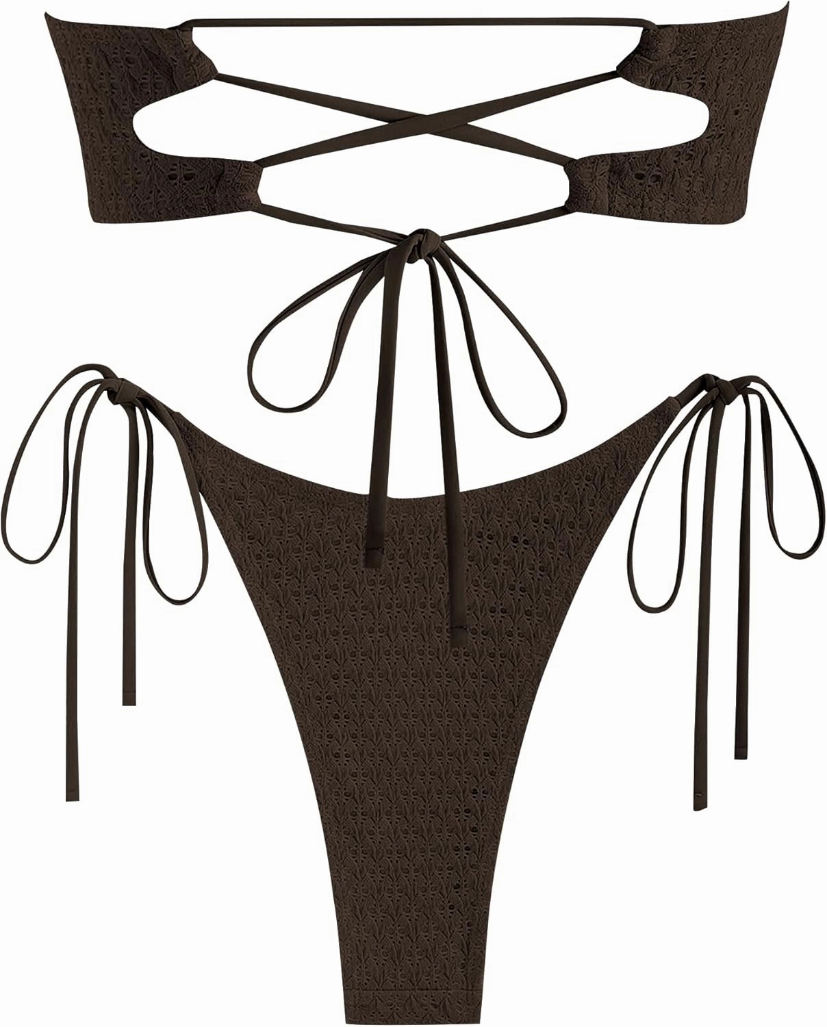 ZAFUL Women's Bandeau Bikini Strapless O Ring Lace Tie Back High Cut Two Piece Swimsuit Bathing Suits