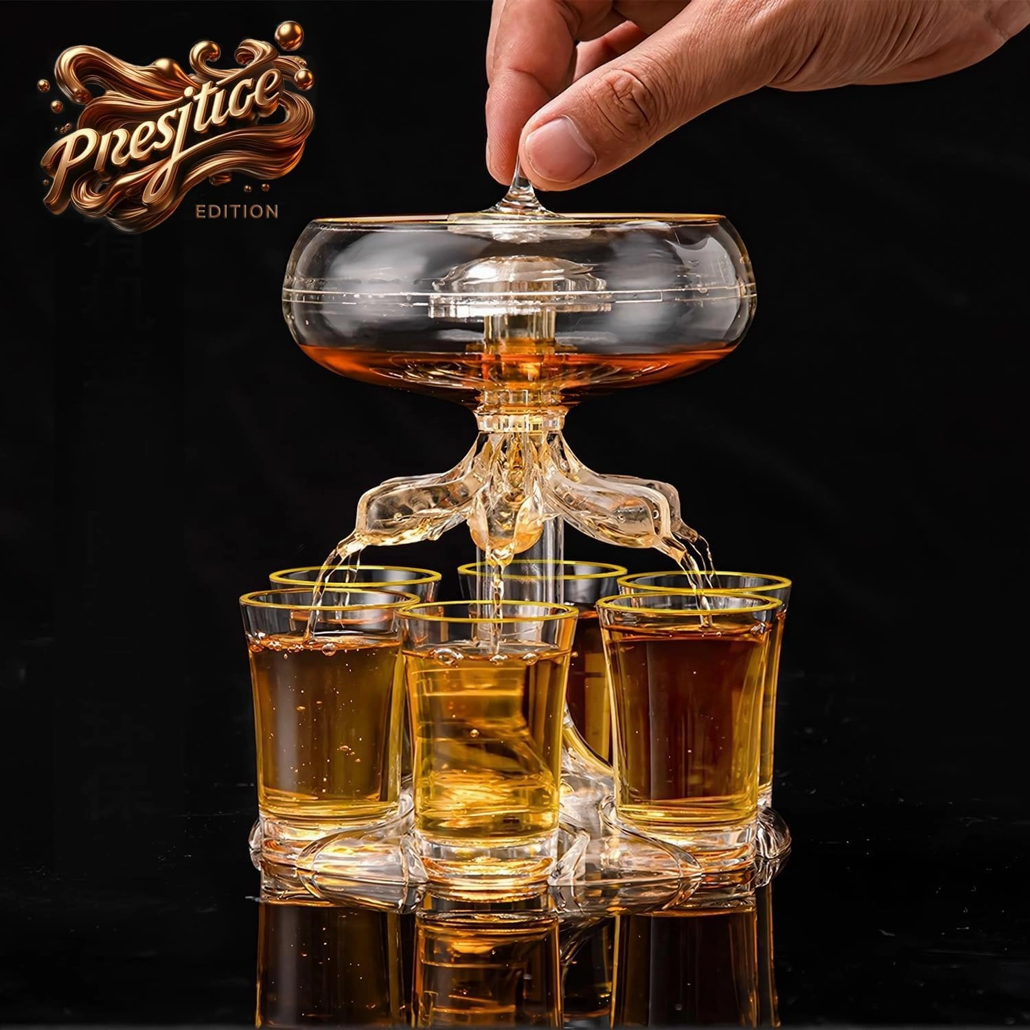 Zcvtbye Party Drink Shot Dispenser with 6 Gilded Rim Shot Glasses Set - Acrylic Touchless Liquor Dispenser and Holder Shot Pourer for Beverage | Cider | Cocktail - Fun Bar Tools Home Gifts(G2)