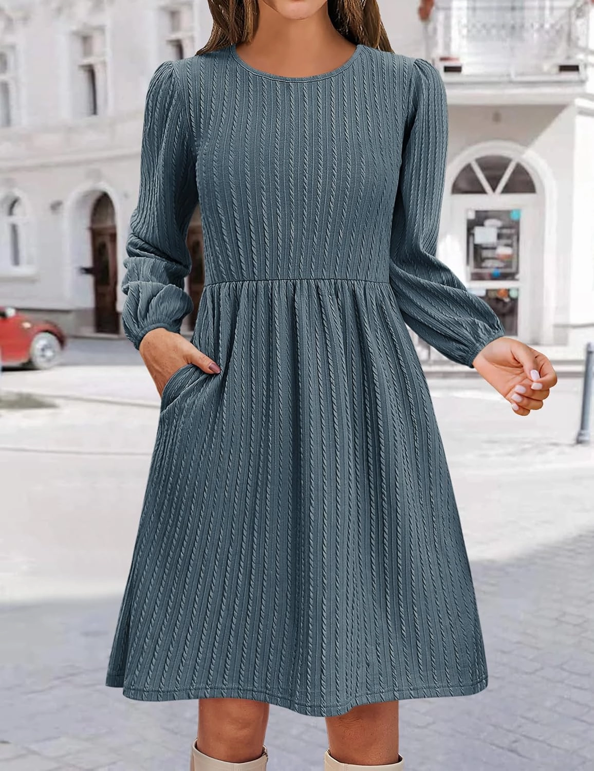 Zeagoo Women's Casual Knit Sweater Dress with Pockets Crew Neck Long Sleeve A-Line Dresses for Women 2024 Fall Dresses