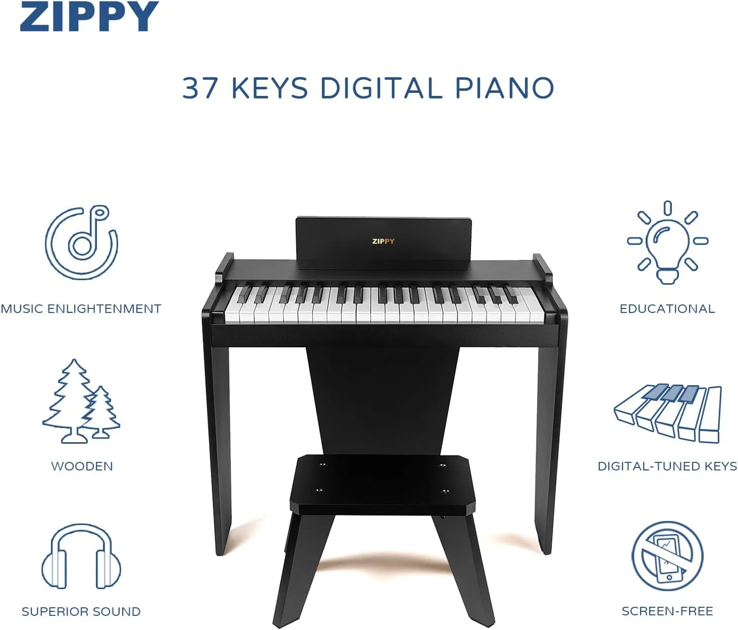 ZIPPY Kids Piano Keyboard, 37 Keys Digital Piano for Kids, Music Educational Instrument Toy, Wood Piano for 3  Girls and Boys, Black Basic