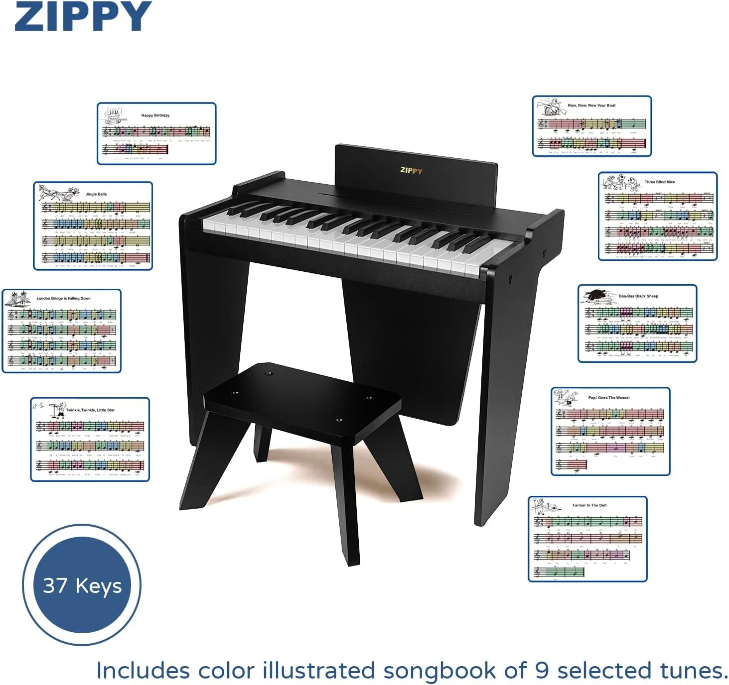ZIPPY Kids Piano Keyboard, 37 Keys Digital Piano for Kids, Music Educational Instrument Toy, Wood Piano for 3  Girls and Boys, Black Basic