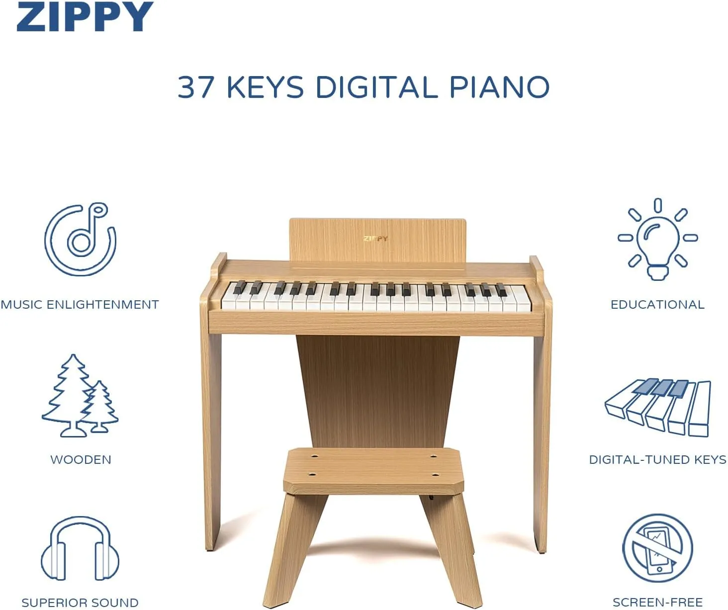 ZIPPY Kids Piano Keyboard, 37 Keys Digital Piano for Kids, Music Educational Instrument Toy, Wood Piano for 3  Girls and Boys, Oak Basic