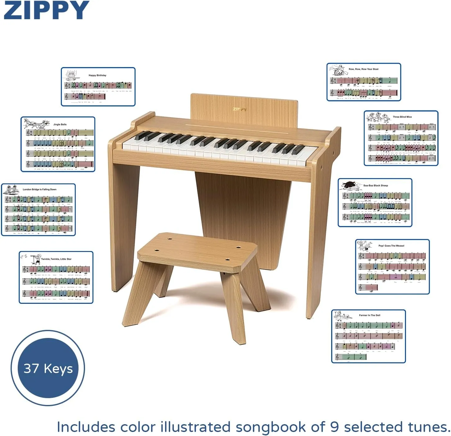 ZIPPY Kids Piano Keyboard, 37 Keys Digital Piano for Kids, Music Educational Instrument Toy, Wood Piano for 3  Girls and Boys, Oak Basic