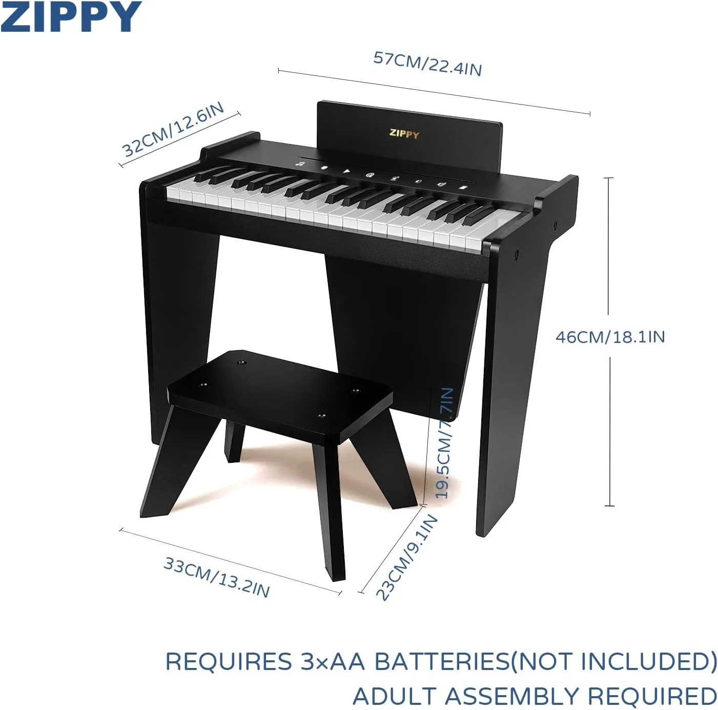 ZIPPY Kids Piano Keyboard, 37 Keys Digital Piano for Kids, Touch Sensitive Control Panel, Built-in Songs, Volume Adjustable, Music Educational Instrument, Wood Piano for 3  Girls and Boys, Black Plus