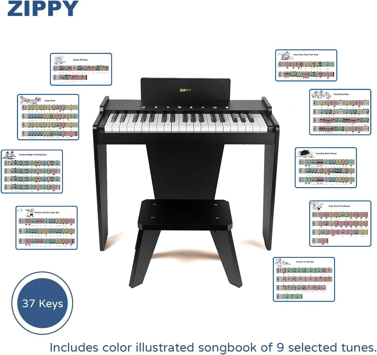 ZIPPY Kids Piano Keyboard, 37 Keys Digital Piano for Kids, Touch Sensitive Control Panel, Built-in Songs, Volume Adjustable, Music Educational Instrument, Wood Piano for 3  Girls and Boys, Black Plus