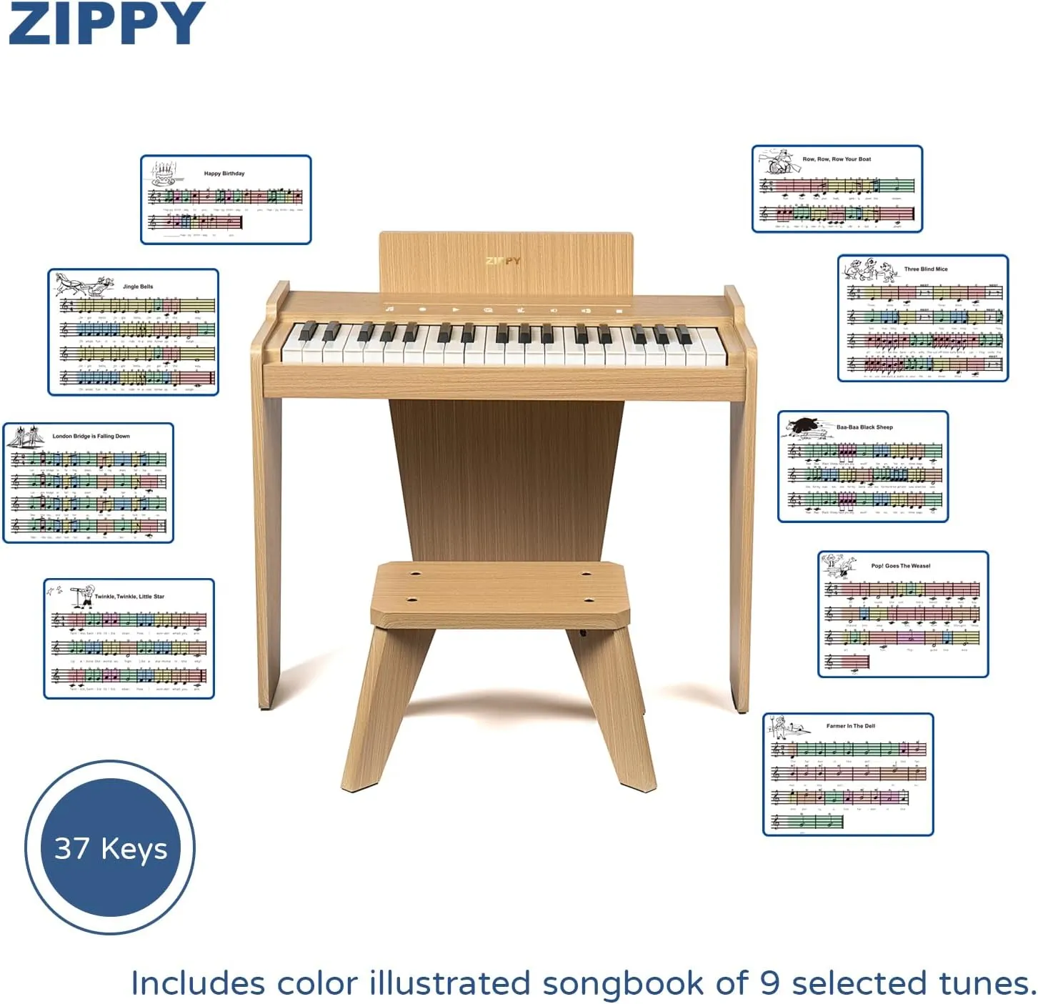 ZIPPY Kids Piano Keyboard, 37 Keys Digital Piano for Kids, Touch Sensitive Control Panel, Built-in Songs, Volume Adjustable, Music Educational Instrument, Wood Piano for 3  Girls and Boys, Oak Plus