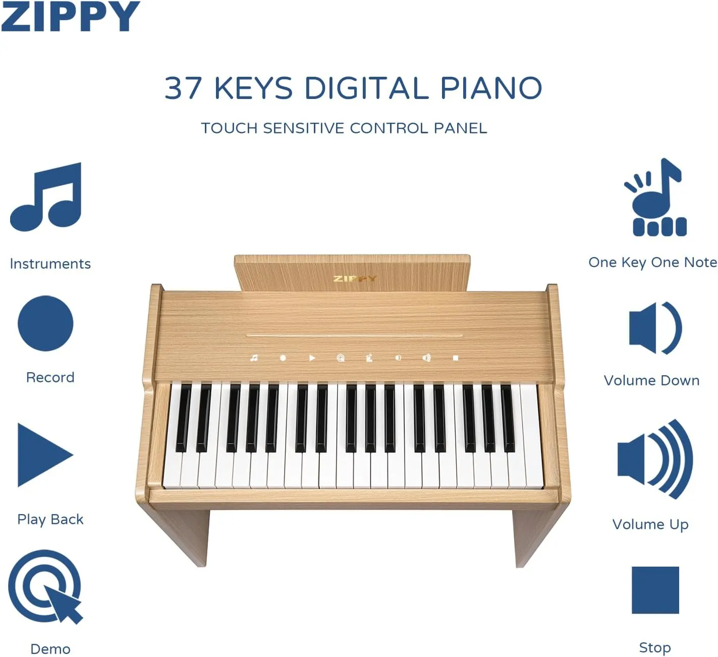 ZIPPY Kids Piano Keyboard, 37 Keys Digital Piano for Kids, Touch Sensitive Control Panel, Built-in Songs, Volume Adjustable, Music Educational Instrument, Wood Piano for 3  Girls and Boys, Oak Plus