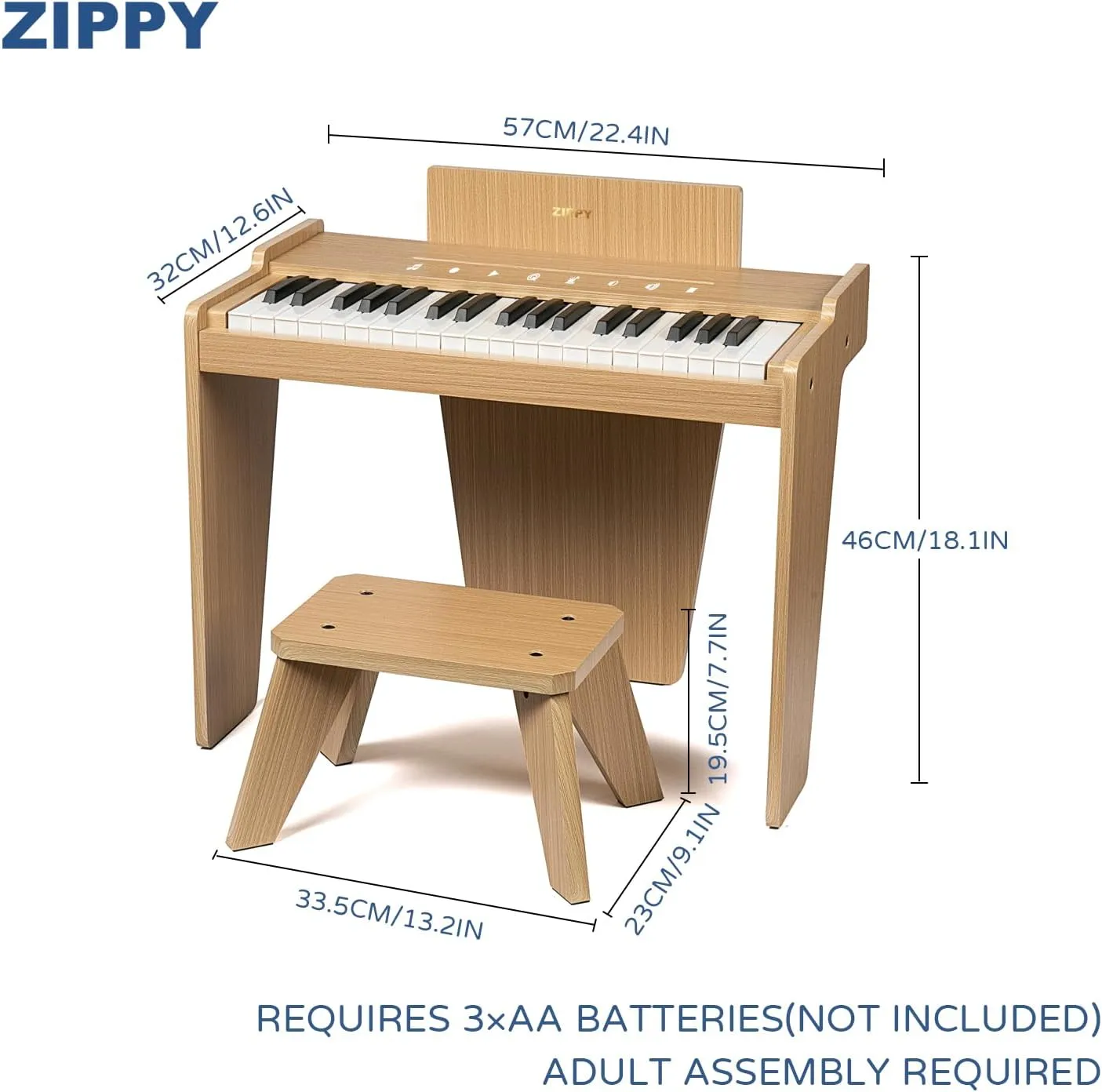 ZIPPY Kids Piano Keyboard, 37 Keys Digital Piano for Kids, Touch Sensitive Control Panel, Built-in Songs, Volume Adjustable, Music Educational Instrument, Wood Piano for 3  Girls and Boys, Oak Plus