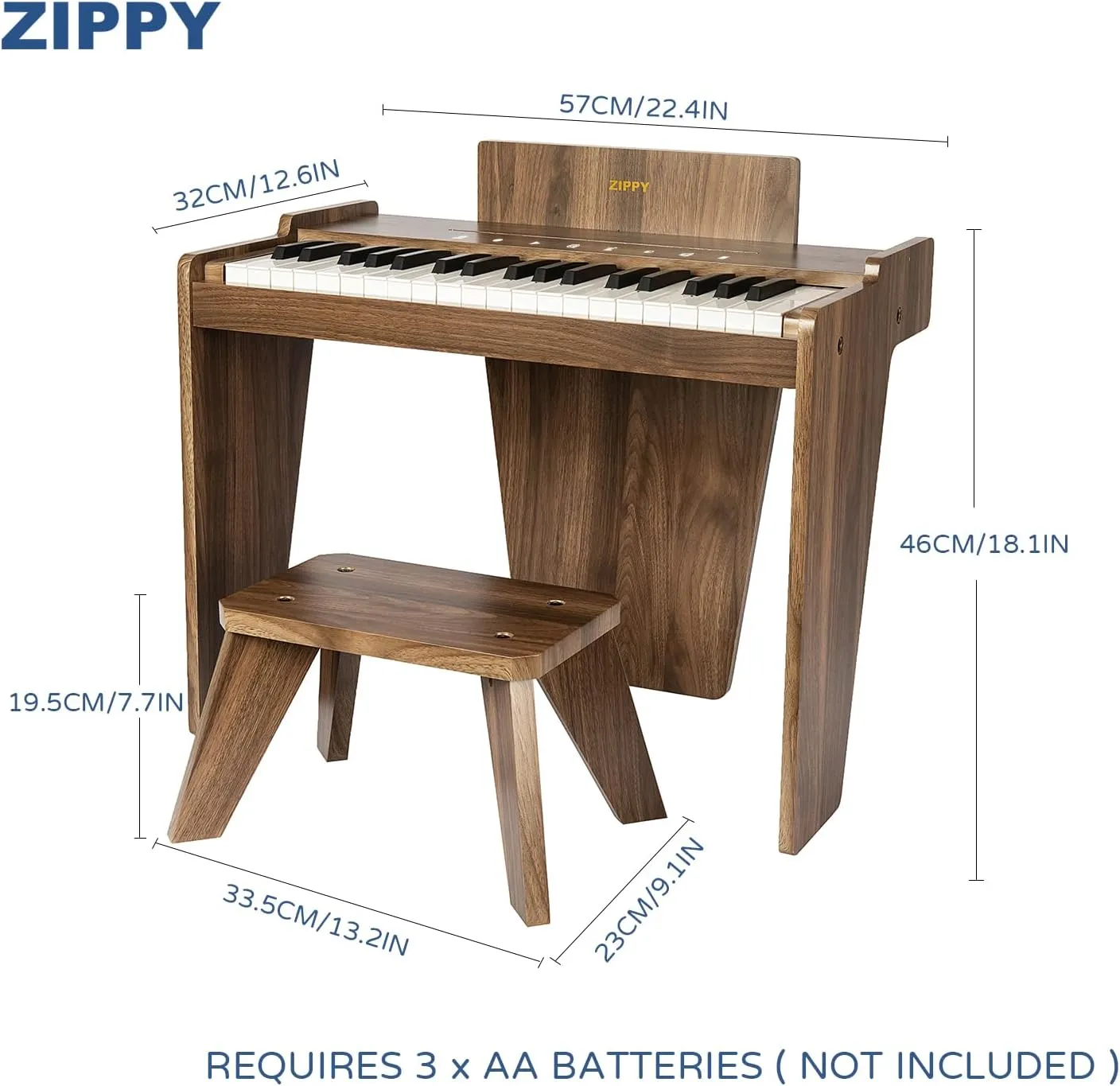 ZIPPY Kids Piano Keyboard, 37 Keys Digital Piano for Kids, Touch Sensitive Control Panel, Built-in Songs, Volume Adjustable, Music Educational Instrument, Wood Piano for 3  Girls and Boys, Walnut Plus