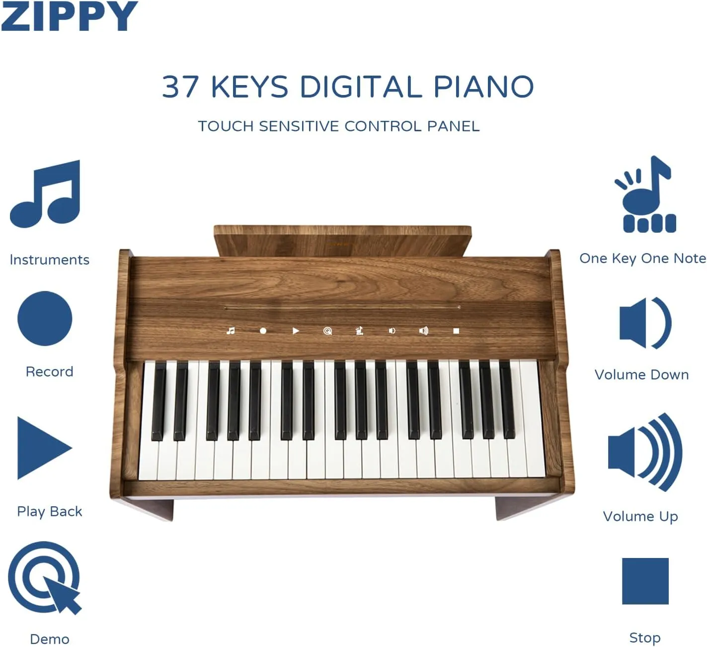 ZIPPY Kids Piano Keyboard, 37 Keys Digital Piano for Kids, Touch Sensitive Control Panel, Built-in Songs, Volume Adjustable, Music Educational Instrument, Wood Piano for 3  Girls and Boys, Walnut Plus