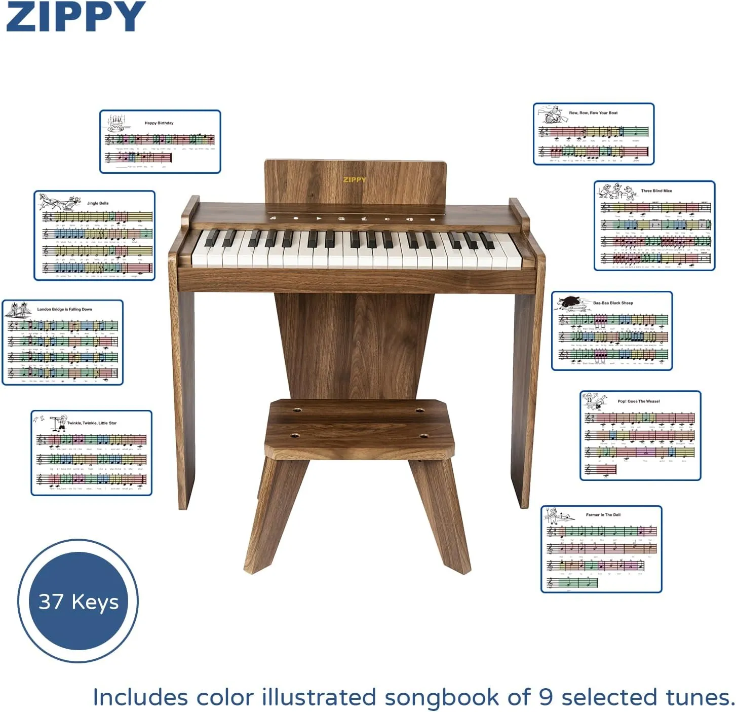 ZIPPY Kids Piano Keyboard, 37 Keys Digital Piano for Kids, Touch Sensitive Control Panel, Built-in Songs, Volume Adjustable, Music Educational Instrument, Wood Piano for 3  Girls and Boys, Walnut Plus
