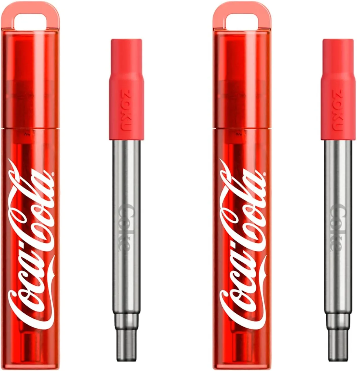 ZOKU Coca-Cola Reusable Pocket Straw, Telescopic Stainless Steel Drinking Straw with Silicone Mouthpiece, Adjustable to 9 Inches, Set of 2
