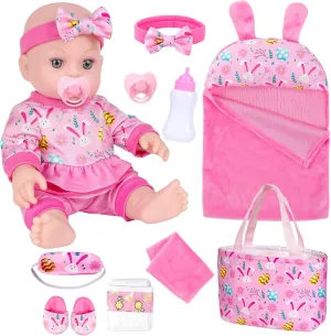 ZQDOLL 12" Baby Doll, Bunny Theme Clothes and Sleeping Bag, Realistic Baby Dolls Accessories Set Girl Easter Gift Toy Stuff Pacifier Slippers Bottle Diapers Hanky Eye Mask for Baby Toddlers 3 Ages 