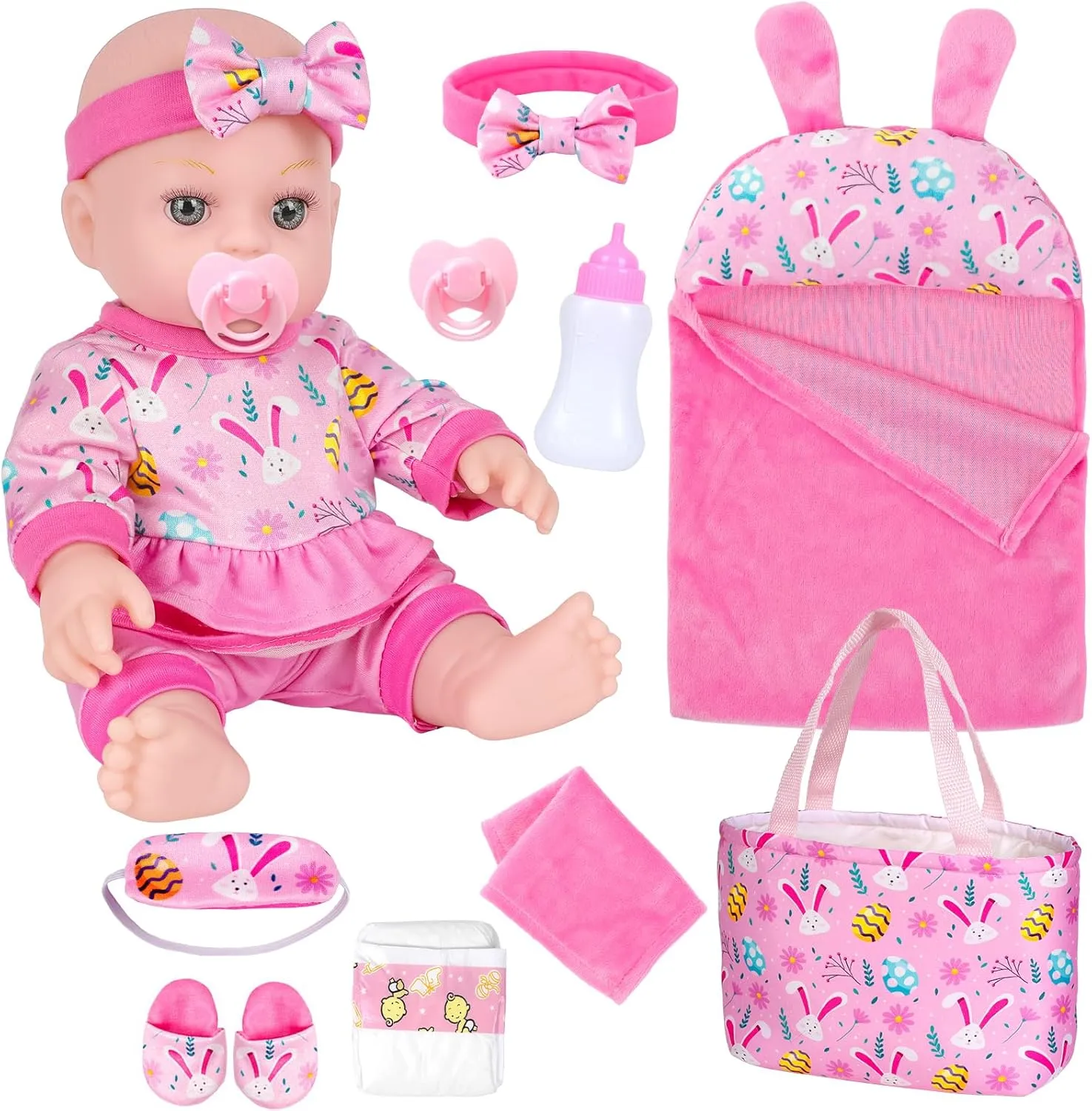 ZQDOLL 12" Baby Doll, Bunny Theme Clothes and Sleeping Bag, Realistic Baby Dolls Accessories Set Girl Easter Gift Toy Stuff Pacifier Slippers Bottle Diapers Hanky Eye Mask for Baby Toddlers 3 Ages 