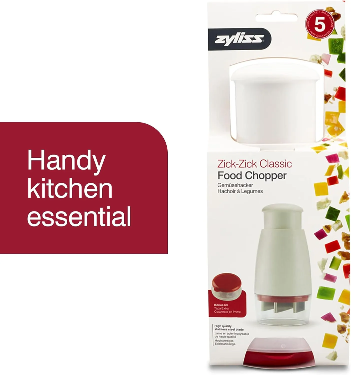 Zyliss Zick Zick Classic Food Chopper - Manual Food Chopper - Onion, Tomato & Vegetable Cutter - Stainless Steel & Dishwasher Safe Food Dicer - White, 9"